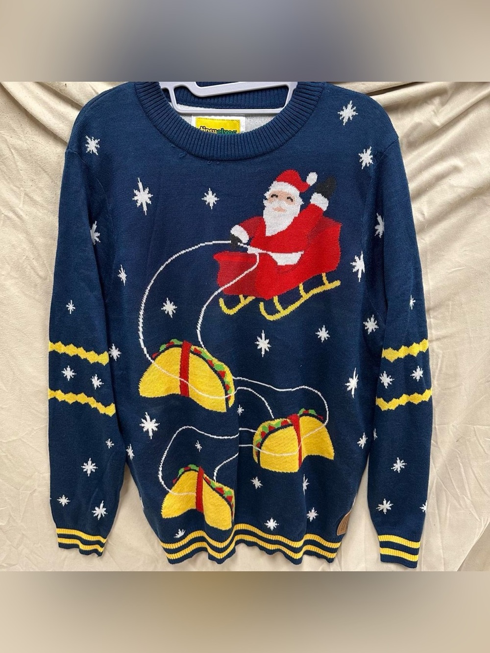 Christmas white elephant ugly sweater Santa clause & tacos funny sweater.